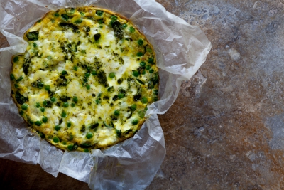 frittata with peas, broad beans and goat cheese drizzled with mint oil. Simple pleasures